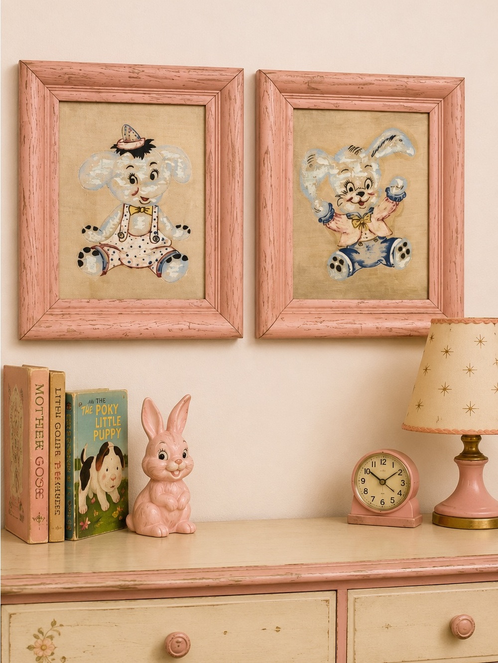 Vintage 1950s Bunny Elephant Nursery Wall Art Framed Canvas Set MCM Kitsch